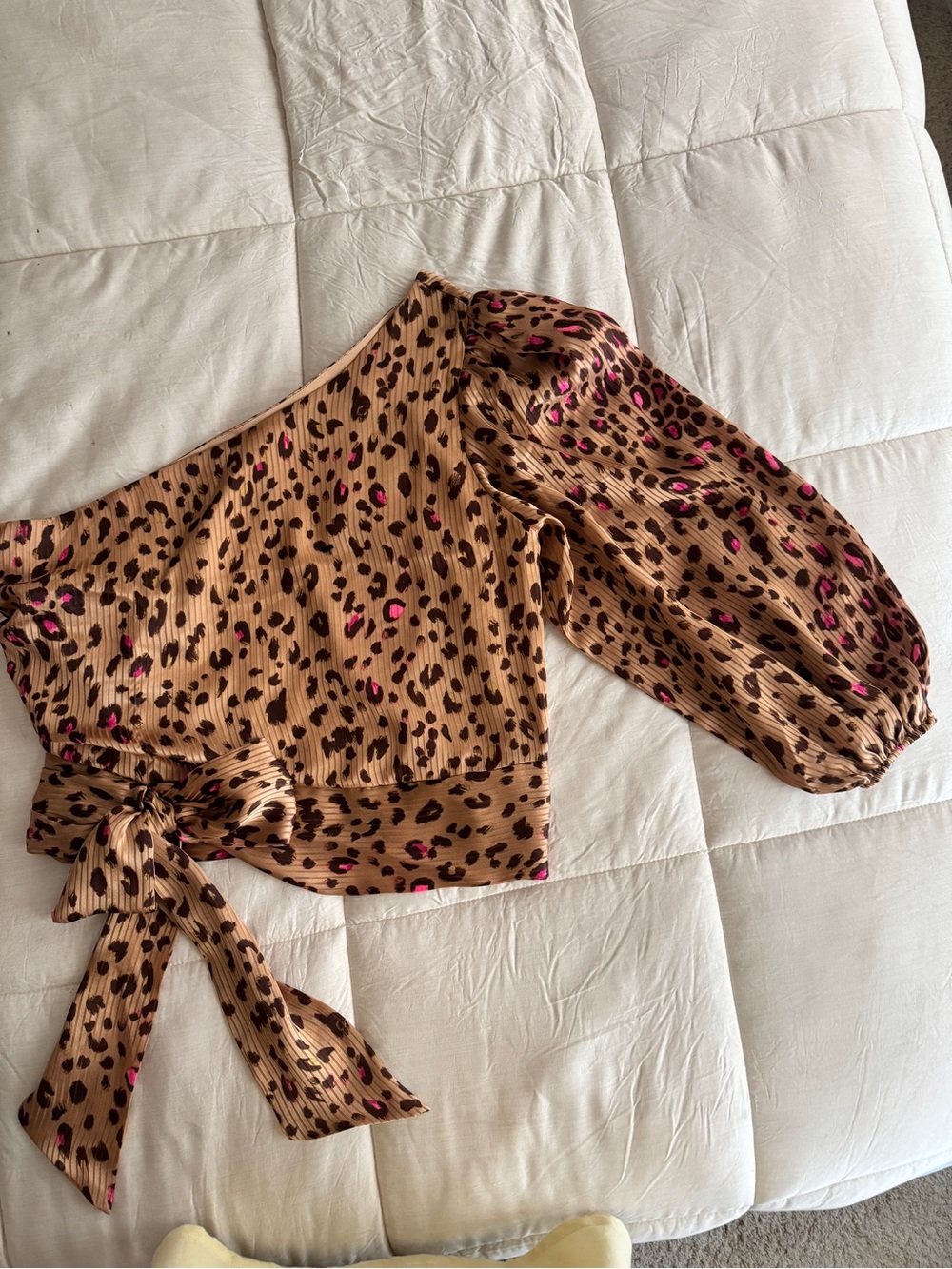 Express Leopard Print One-Shoulder Wrap Top in Tan with Pink Accents
